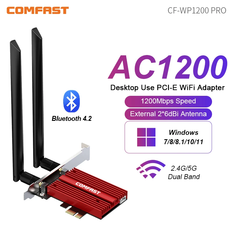 COMFAST 1200Mbps Dual Band Wireless Adapter PCI-E AC1200 2.4G/5GHz with Bluetooth 4.2 for Desktop Network Card Works with Window