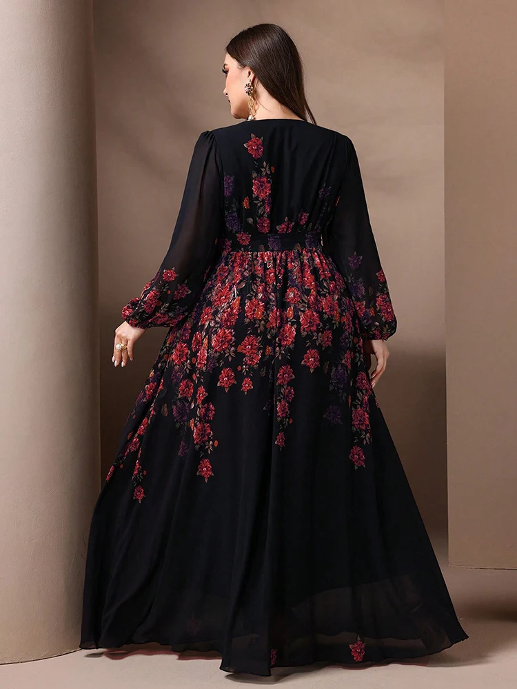 TOLEEN-Robe longue à manches longues et col en V pour femme, tenue de soirée élégante et décontractée, imprimé floral, grande taille, nouvelle collection printemps été 2024