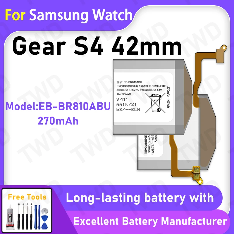 

100% новая батарея EB-BR810ABU емкостью 270 мАч для Samsung Gear S4 42 мм, сменная батарея + бесплатные инструменты