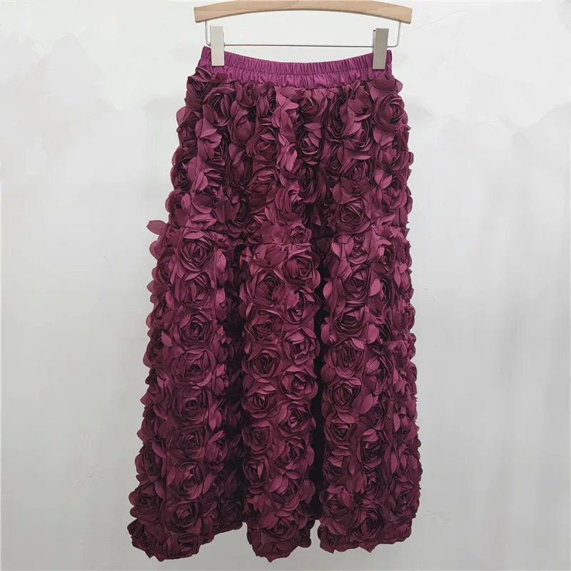 Damen Ästhetischer Märchenhafter 3D-Rosen-Blumen-Midirock Elastischer Hochtaillierter A-Linien-Schwingrock Langer Rock Romantischer Party-Freizeit-Maxirock – Detail 11