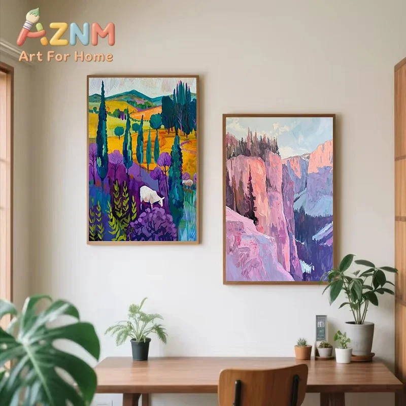 AZNM Colorful Impressionist Landscape Canvas Wall Art Vibrant Mountain Valley Pasture Scenery Print Poster for Living Room Bedro