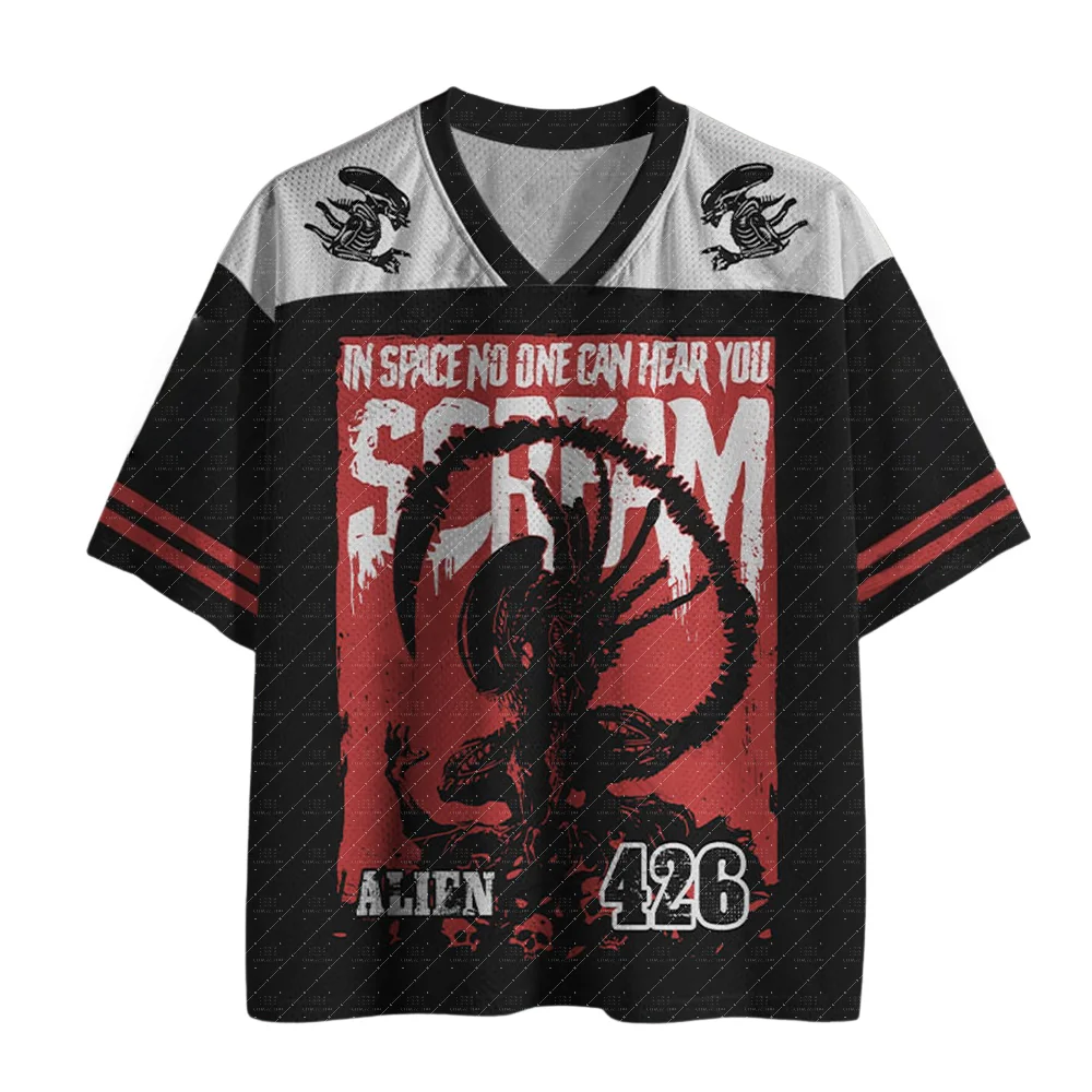 Retro Sci-Fi Monster Poster Graphic Mesh Short Sleeve Jersey Number 426 Small Creature Decor Unisex Dark Street Top