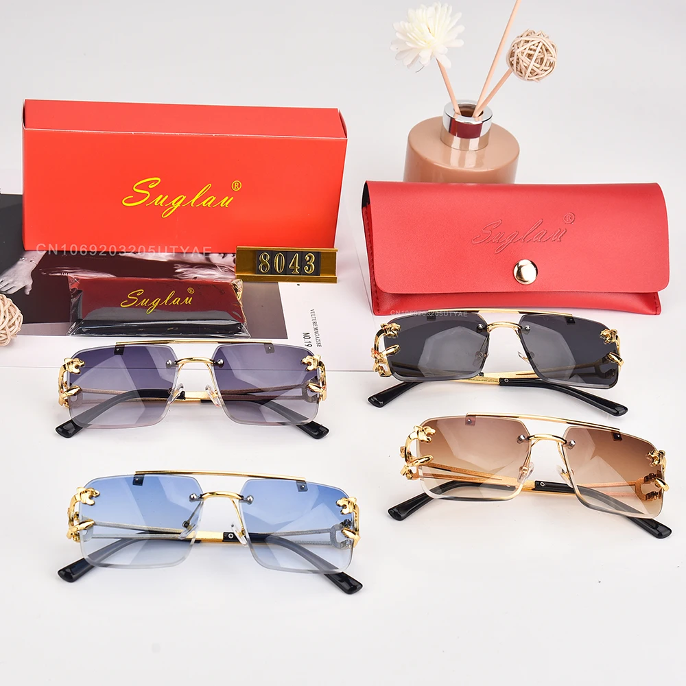 SUGLAU American Luxury Brand Women\'s Sunglasses Fashion Leopard Head Ultra Light Frame Metal Square Gradient Sun Glasses UV400