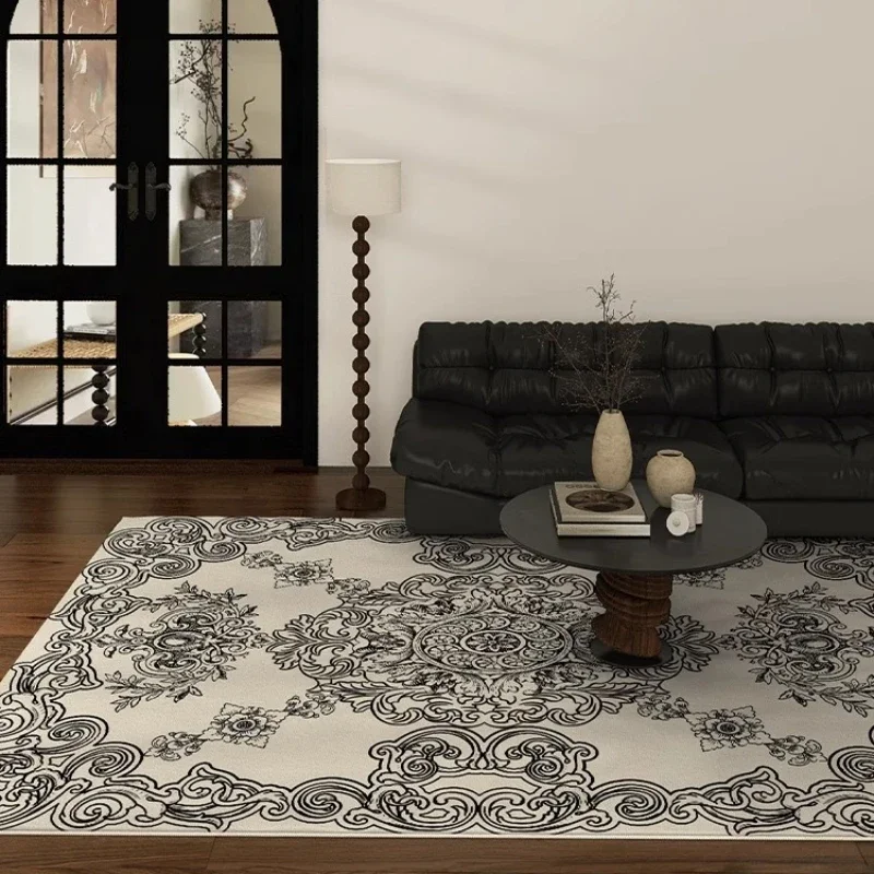 French Retro Living Room Large Area Carpet Ethnic Style Bedroom Carpets Black White Home Rug Pattern Luxury Study Easy Care Rugs