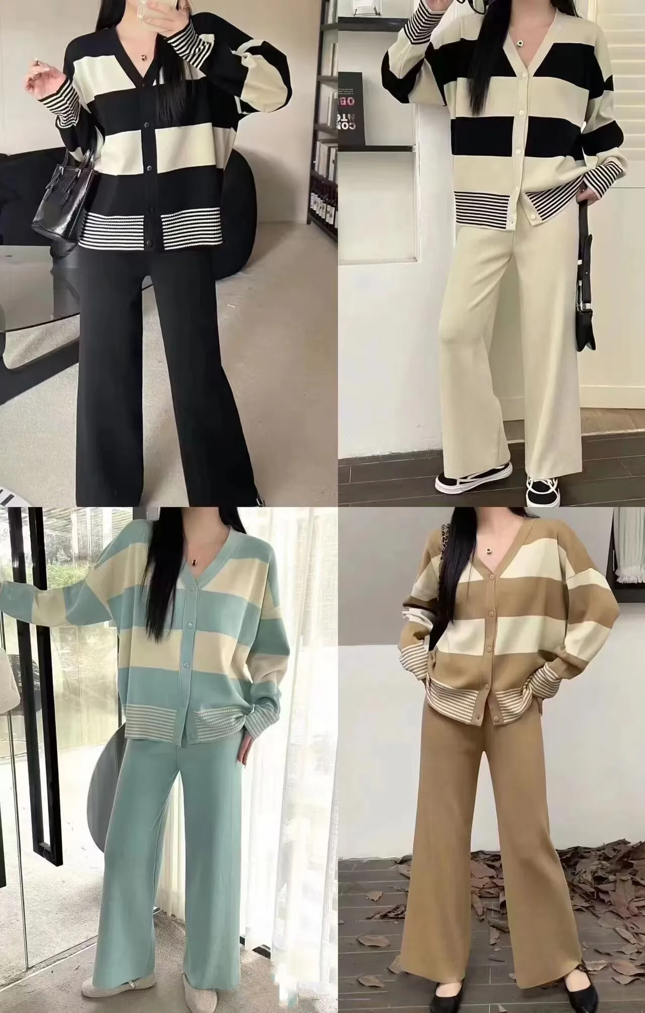 New Korean Fashion Contrast Color Two Piece Set Women Knitted Striped V-neck Long Sleeve Cardigan Sweater + Wide Leg Pants Sets