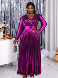 Plus Size Long Sleeve Dress Metallic Deep V Neck Empire Pleated Evening Cocktail Event Occasion Prom A Line Gowns for Women 4XL