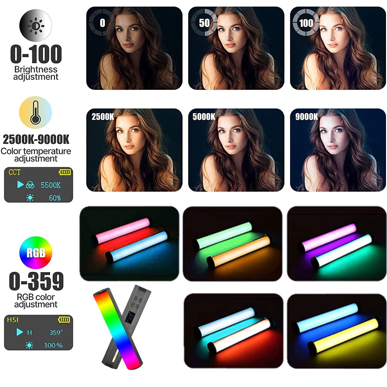 يده RGB LED ضوء الفيديو عصا عصا التصوير ضوء مع ترايبود المدمج في بطارية قابلة للشحن 3000mAh لاطلاق النار الفيديو