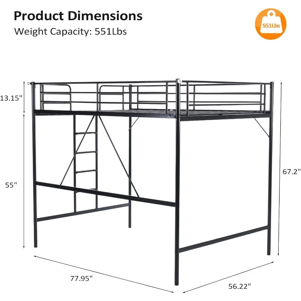 Lit loft pleine grandeur avec échelons plats pour adultes, enfants et jeunes adolescents, support à lattes métalliques rapides, aucun ressort mécanique requis