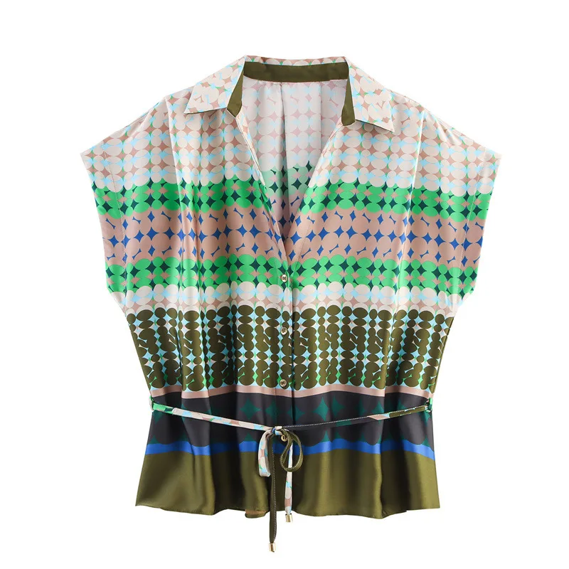 おしゃれなプリント柄ルーズシャツとワイドレッグパンツのレディースツーピースセット 秋の新作 欧風カジュアルウェア