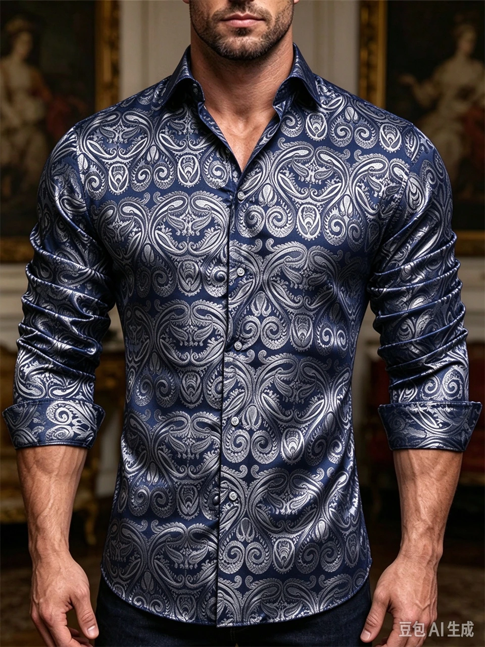 Mens Satin Silk Dress Shirt - Herren Luxus Paisley Satin Hemd Langarm