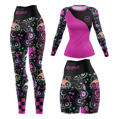 Imagen 2 del producto Cody mujeres Rash Guard ropa de gimnasio MMA ropa deportiva ajustada Jiu Jitsu Rashguard camisetas + pantalón boxeo lucha pantalones cortos 4 unids/set
