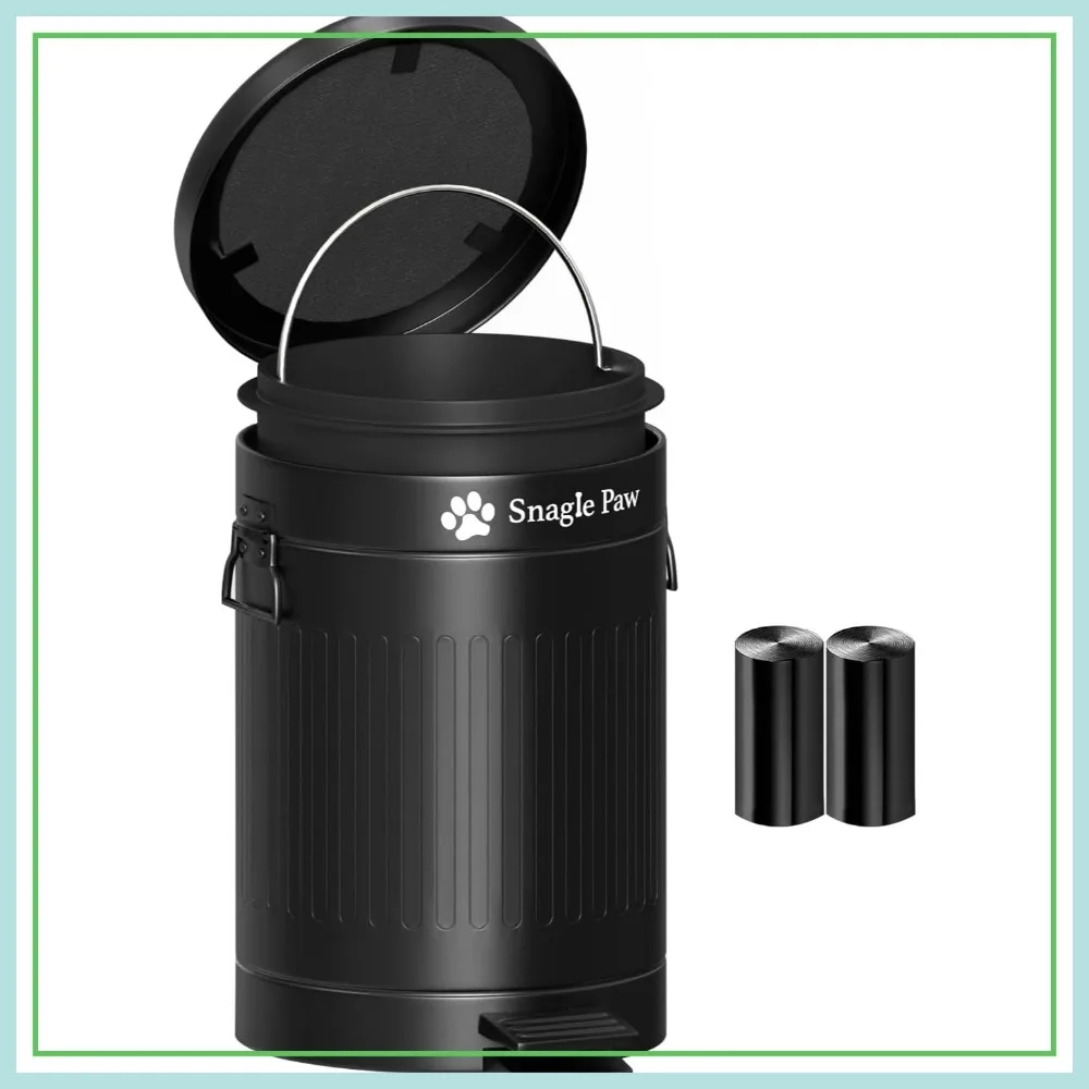 

Dog Metal Poop Trash Can with Lid, 12L Pet Waste Container with 40 Bags, Odor Control for Large/Small Dogs