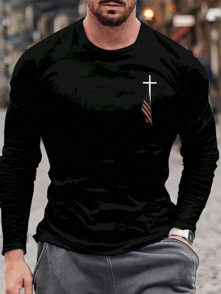 Mens Cotton Long Sleeve Tee With Faith Cross Graphic, 100% Cotton, Threaded Neckline