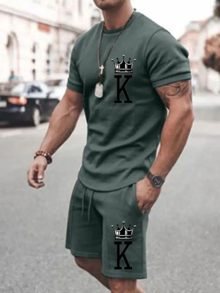 2024 New Men\'s T-Shirt Set Fashion 3D Printing K Solid Color 2-piece Set Street Shirt Shorts Pants Oversized Suit Men\'s Clothing