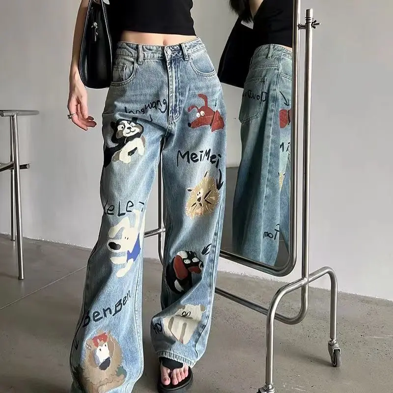 

Jeans 2024 Cartoon Print Autumn Winter New Baggy Woman American High Street Straight Tube Women'S Jeans Women Pants High Waist