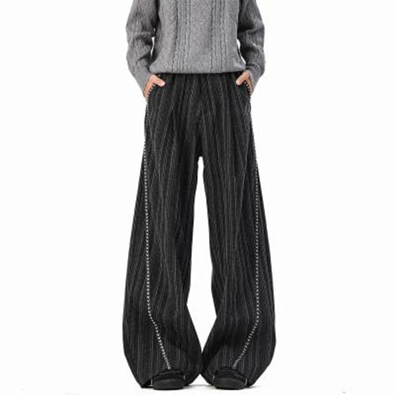 

Men's Casual Trousers Striped Contrast Color Woolen Pleated Loose Straight Wide Leg Casual Male Pants Wide Leg Loose Male Trouse