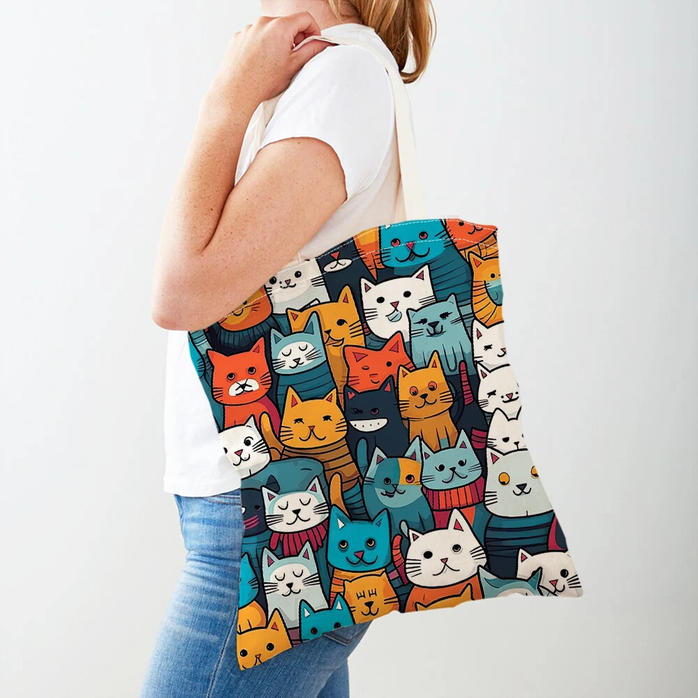 Fashion Cartoon Coffee Cat Women Tote Handbag Pet Animal Double Print Canvas Lady Shopping Bag Children Shoulder Tote