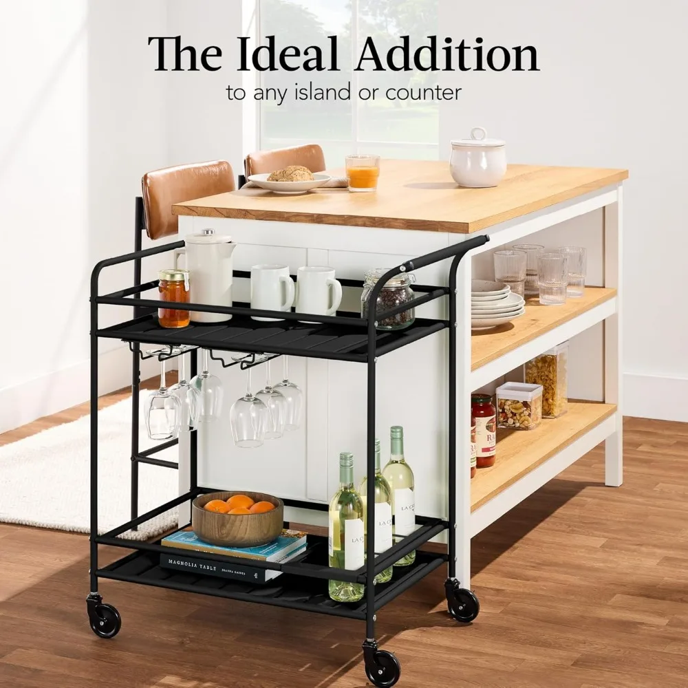 Outdoor Mobile Patio Bar Cart, Home Bar Serving Cart, BBQ Side Table w/ 2 Tier Storage, Wine Rack, Lockable Wheels - Black
