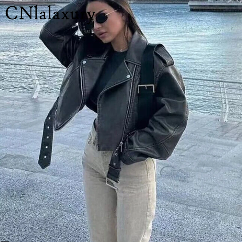 CNlalaxury Women Green Faux Leather Belt Jacket Vintage Leather Buckle Zipper Pockets 2024 Spring Female Short Outerwear