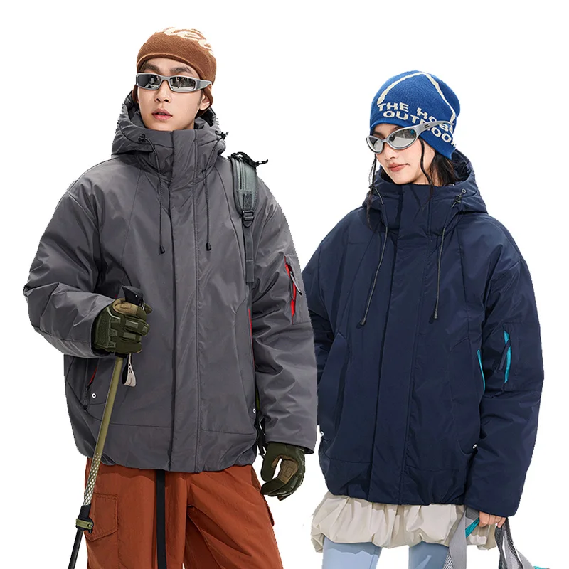 

Outdoor Winter Thicken Warm Down Jacket Men Women Duck Down Loose Hooded Windbreaker Cargo Jacket Unisex Parkas Coat Outerwear