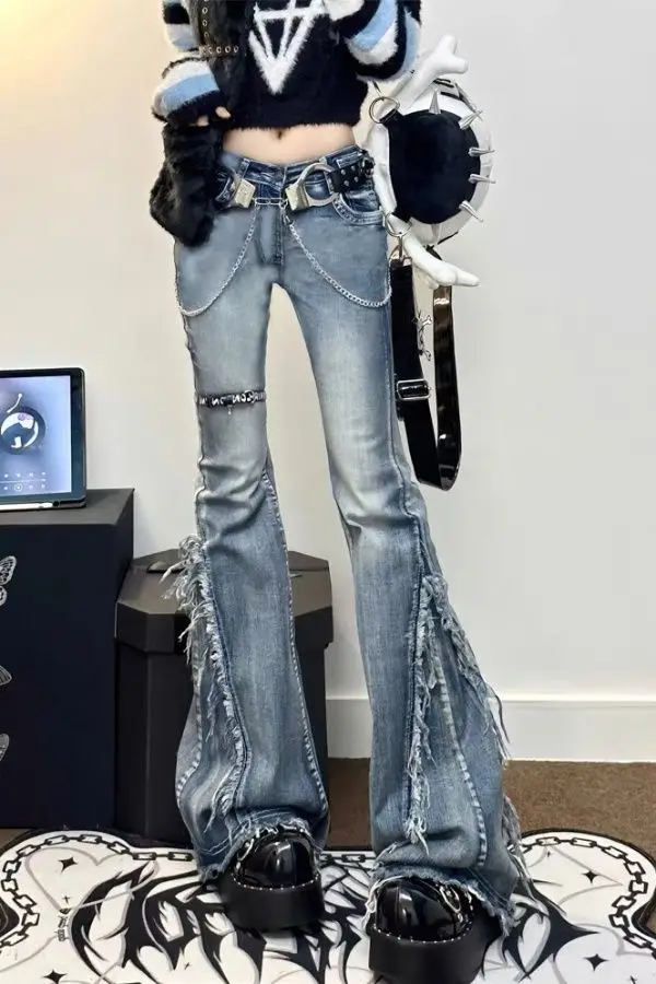 American Retro Breasted Design Slightly Flared Jeans Women Autumn Niche Low Waist Slim Fit Wide-Leg Floor Trousers