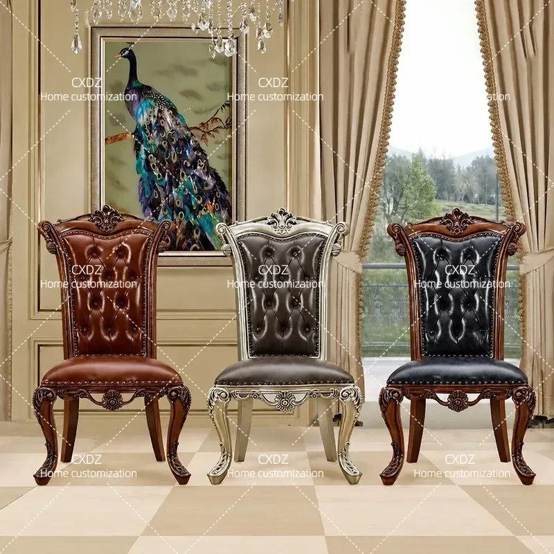 European Solid Wood Carved Floral Dining Chair Simple Leather Art Seat Villa Classical Furniture American Style Home Decor
