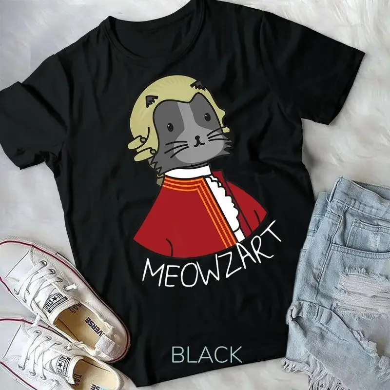 Футболка Meowzart с изображением забавного кота и классической музыкой Моцарта, унисекс.