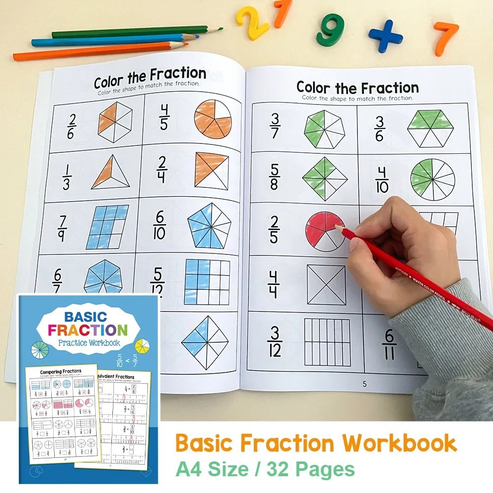 

Math Workbook for Kids Ages 5-8 Math:Basic Fraction Addition and Subtraction Practice Workbook