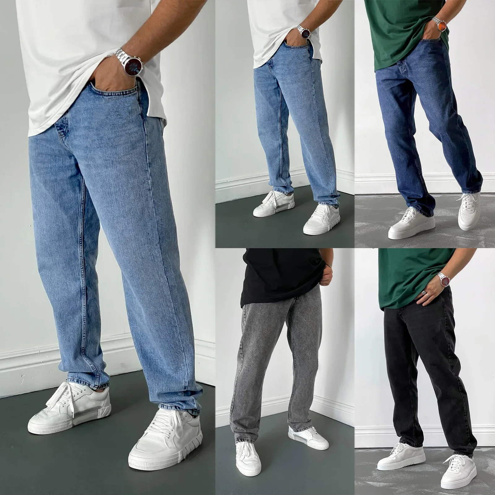 

Pop Four Seasons New Fashion Men's Casual Trendy Straight Washed Solid Color Denim Trousers Simple Denim Trousers Male Streetwea