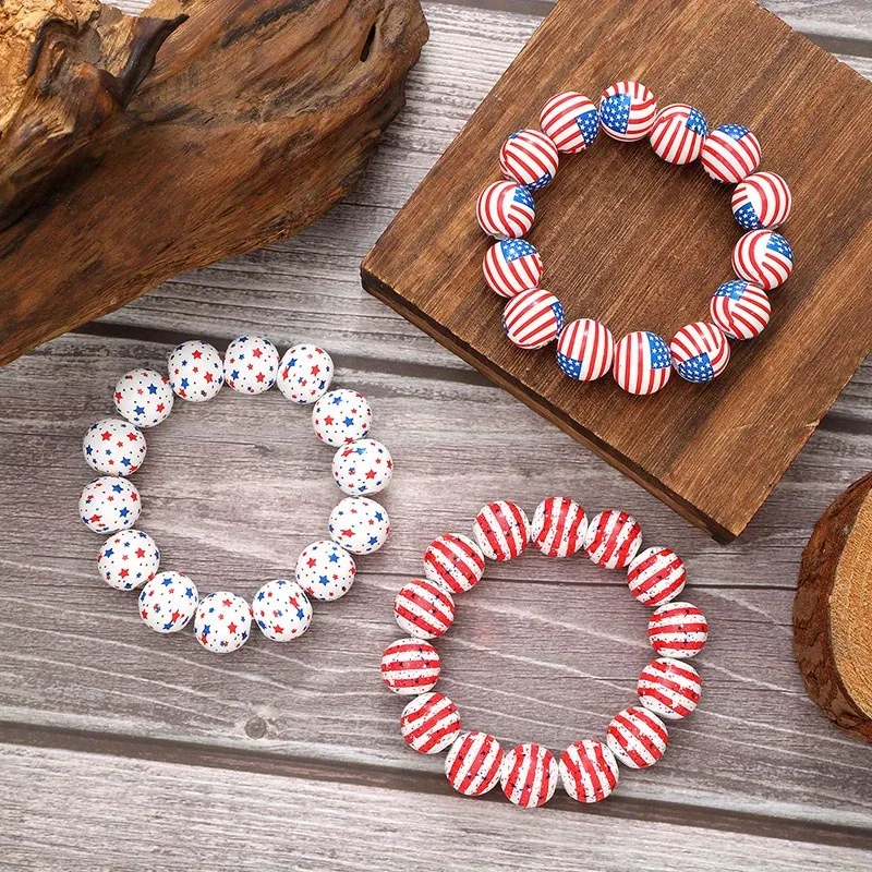 New Creative American Independence Day Star Spangled Banner Bright Wooden Beaded Bracelet Simple Ladies Beaded Accessories