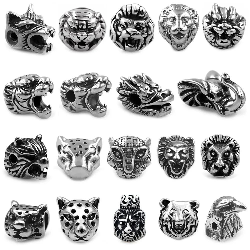 2pcs Stainless Steel 2-6mm Hole Animal Lion Wolf Tiger Head Spacer Bead Charms For Paracord Knife Lanyard DIY Jewelry Making