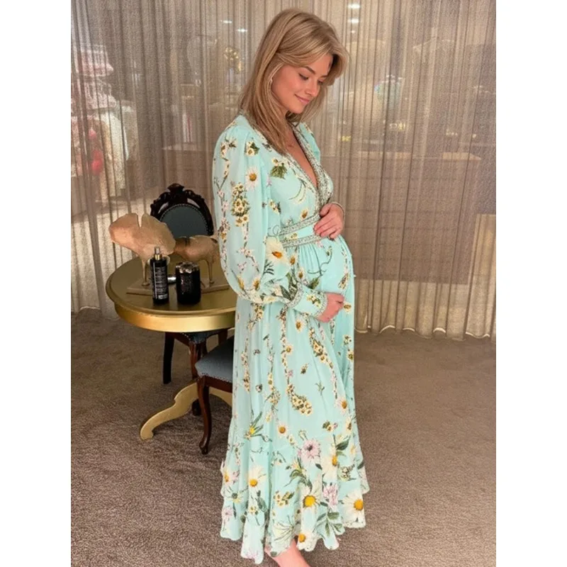 Vintage Blumen-Langarm-Maxikleid für Schwangerschaftsfotoshootings, Babypartys, Geschlechtsenthüllungen, Boho-Fotografie-Outfit