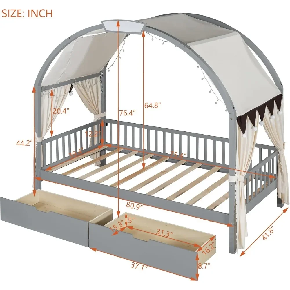 

Wood Montessori Beds Frame with Roof for Kids, Twin Bed with Storage Drawers and Light, Twin Size Platform Tent Bed with Curtain