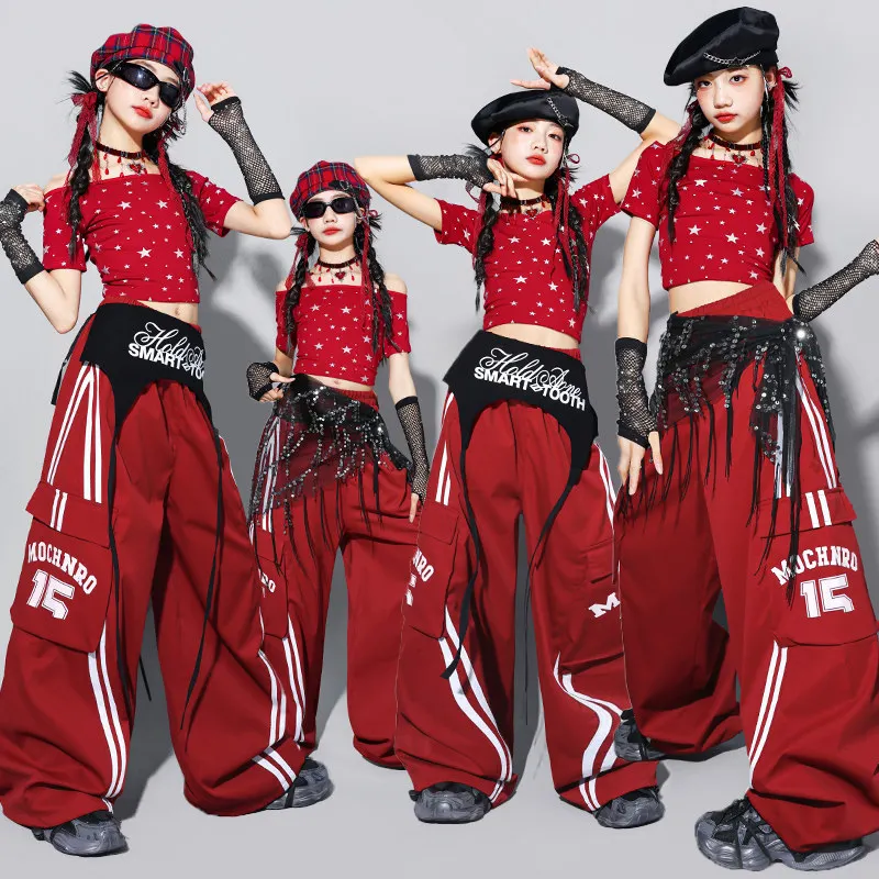 2026 New Girls Red Bow Crop Sweatshirt Cargo Pants Child Street Dance Costume Kids K-pop Streetwear Jazz Girl Group Clothes Sets