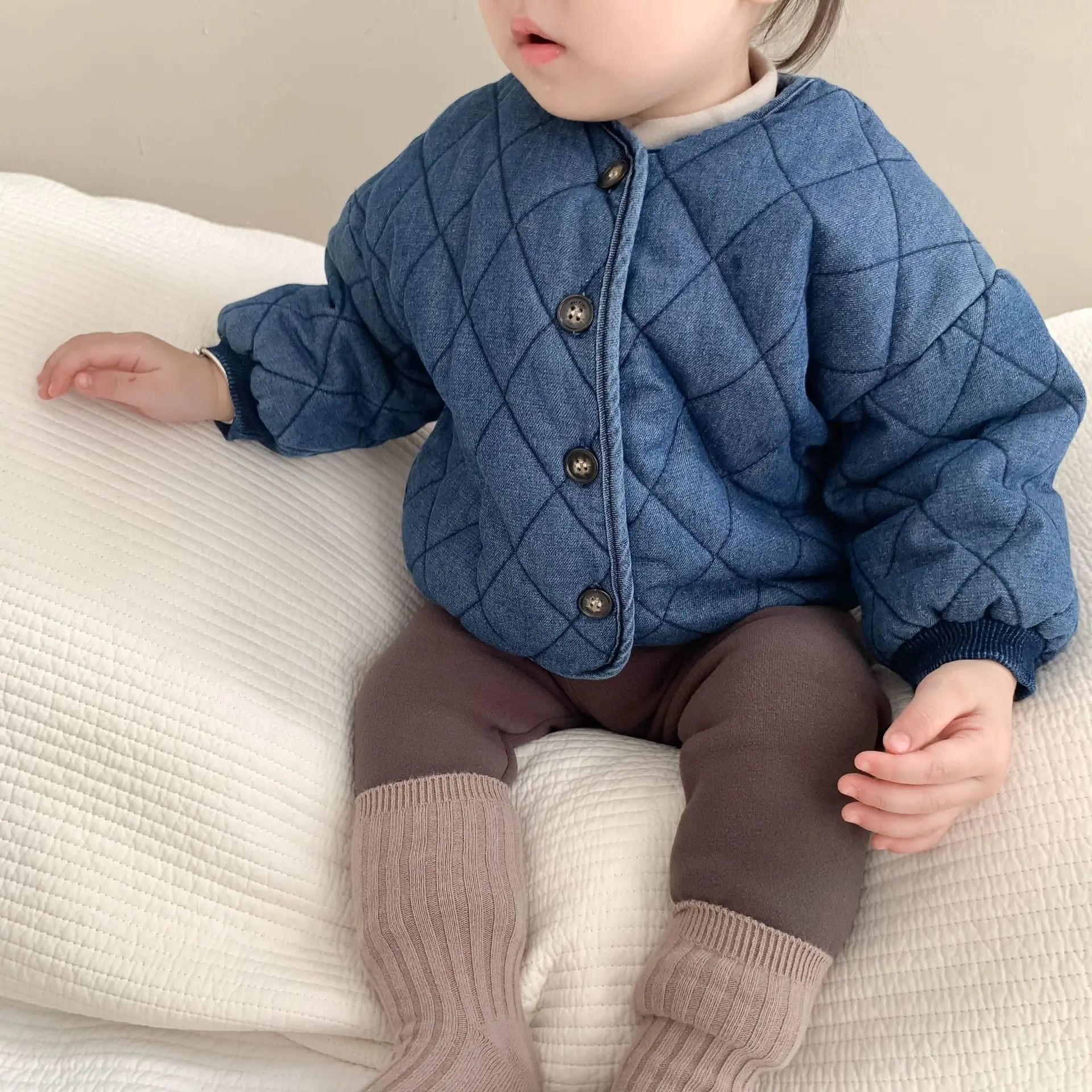 Manteau en denim épais à carreaux de diamant pour enfants, veste décontractée en coton pour bébé, cardigan monochrome rétro pour garçon, automne et