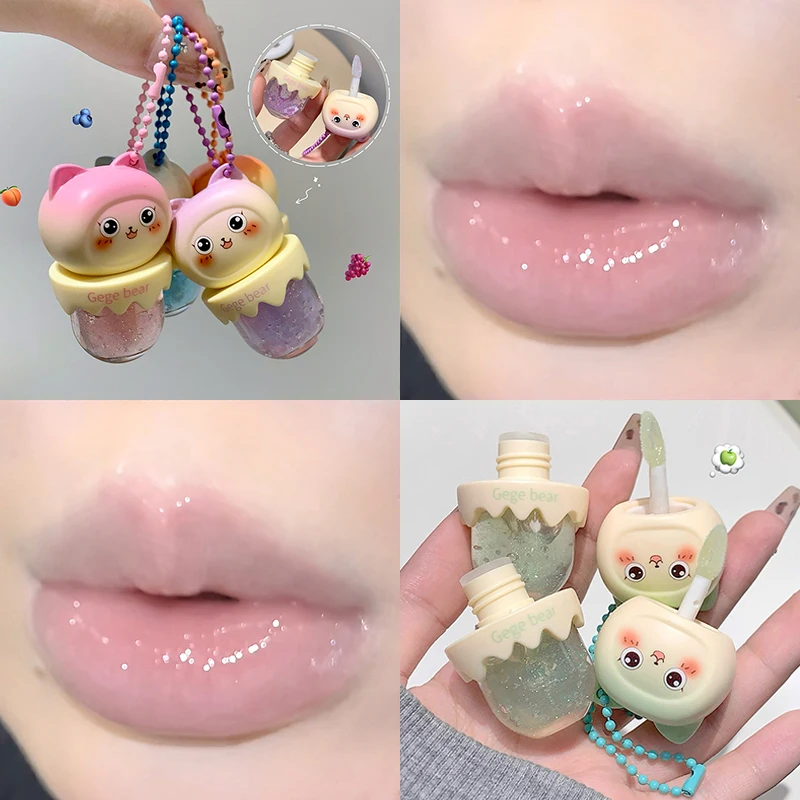 Gege urso bonito fruta óleo labial hidratante shimmer espelho brilho labial plumping hidratante cuidados com os lábios maquiagem batom de cristal transparente bálsamo