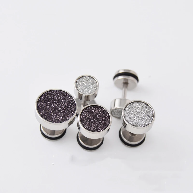 1 Pair Men Women Stud Earrings Stainless Steel Illusion Tunnel Plug Screw Back with Sand Glitter 6/8/10mm