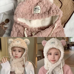 2024Winter Korean Version Cute Teddy Bear with Plush Scarf Integrated Hat for Women Riding Thickened Warm Scarf Ear Protection