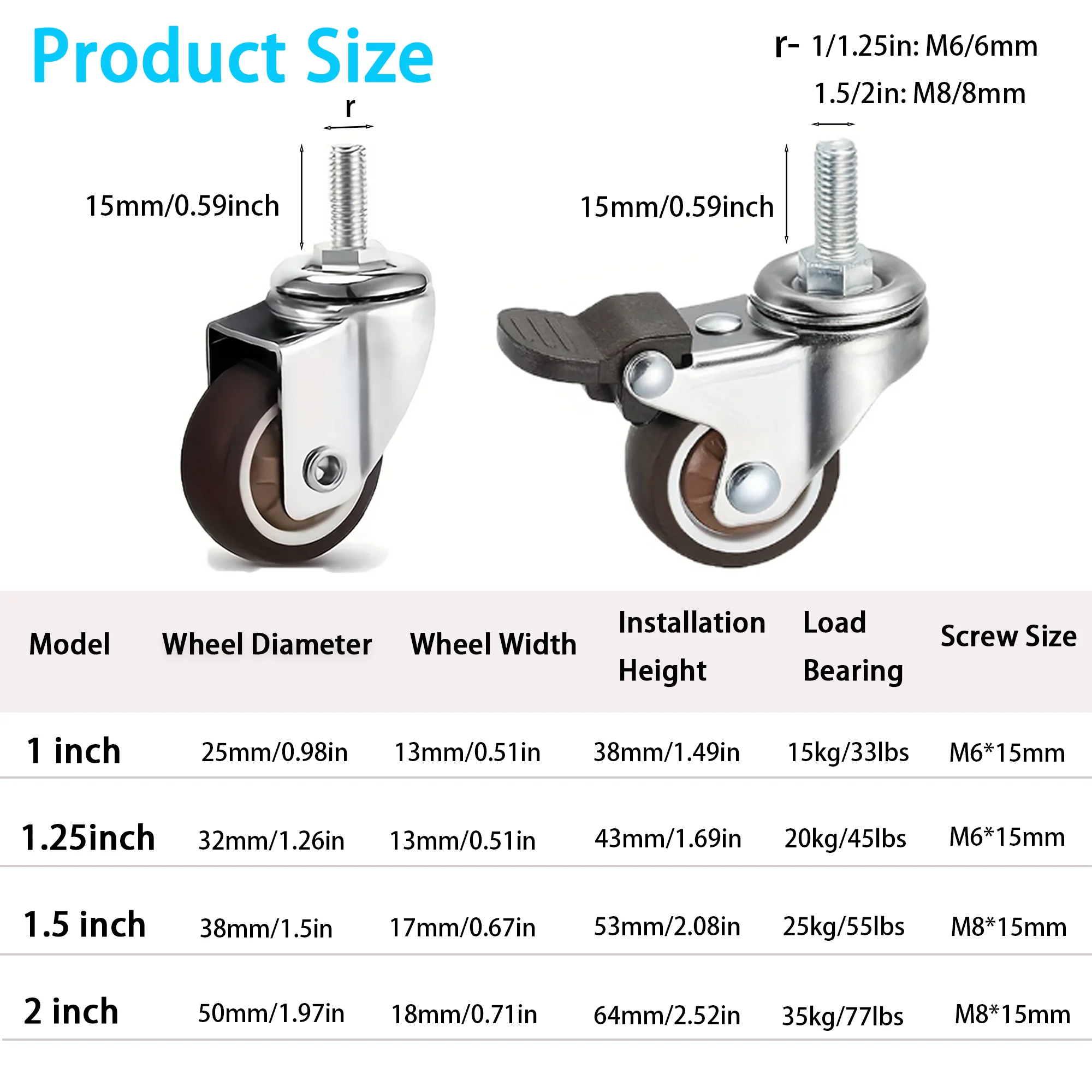 Stem Caster Wheels Furniture Castor Wheels TPR Screw Rod Wheels Swivel Cartwheels for Carts Furniture Trolley 1/1.25/1.5/2 inch