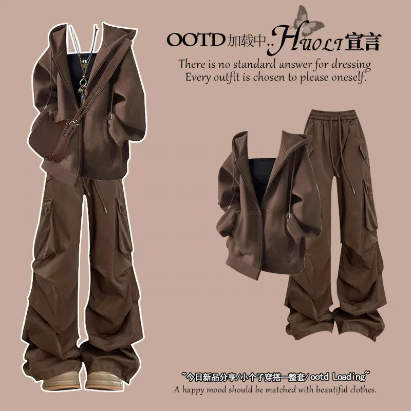 

2025 Autumn New Hooded Jacket Wide Leg Pants Two-piece Set Elegant Women's Pants Set Retro Set
