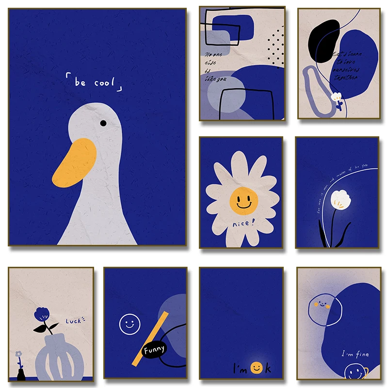 Klein Blue Abstract Line Smiling Face Flower Duck Canvas Painting Posters Wall Art Prints Minimalist Picture Living Room Deco
