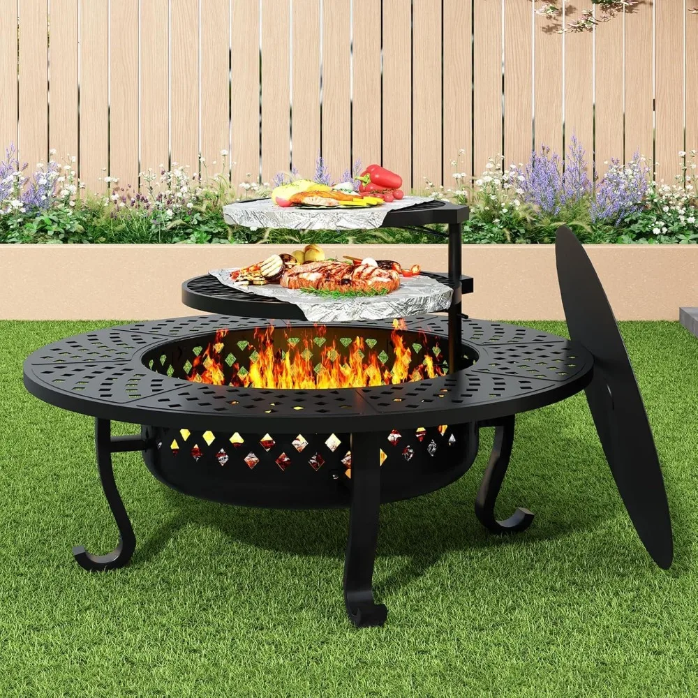 

43 Inch Fire Pit with 2 Grill for Outside, Outdoor Wood Burning Firepit with Lid, Metal Round Table for Backyard Patio Garden Pi
