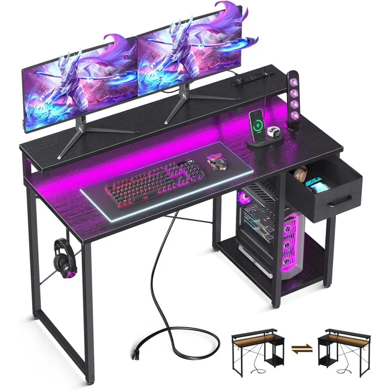 Gaming Desk with LED Lights & Power Outlet, 48 Inch Computer Desk with Drawer, Reversible Desk with Adjustable Monitor Shelf &