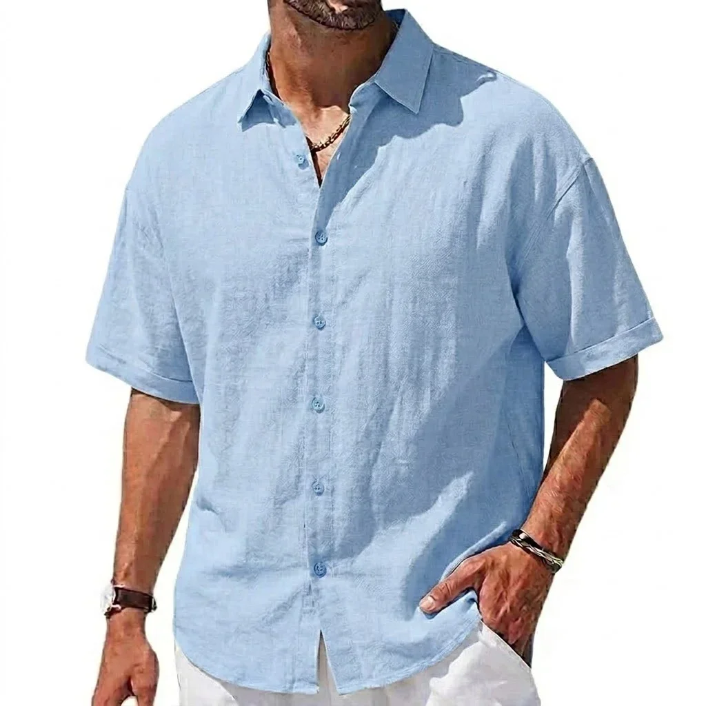 Sommer Kurzarm-Hemden Herren Casual Leinen T-Shirts Baumwoll-Hemden mit Kragen Herren Strand-Hawaiihemd Sommer Fitness T-Shirts – Detail 3
