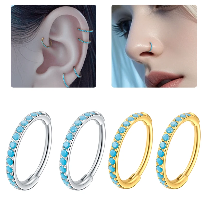 

1/5Pcs Turquoise Nose Rings Hoop 316L Surgical Steel 20G Septum Piercing Jewelry Hinged Segment Lip Rings Cartilage Conch Rook