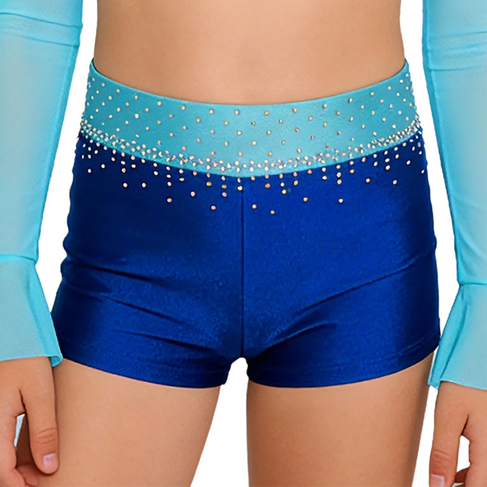 Sparkly Rhinestones Ballet Dance Shorts Kids Girls Color Block Stretchy Shorts for Gymnastics Dance Figure Skating Performance