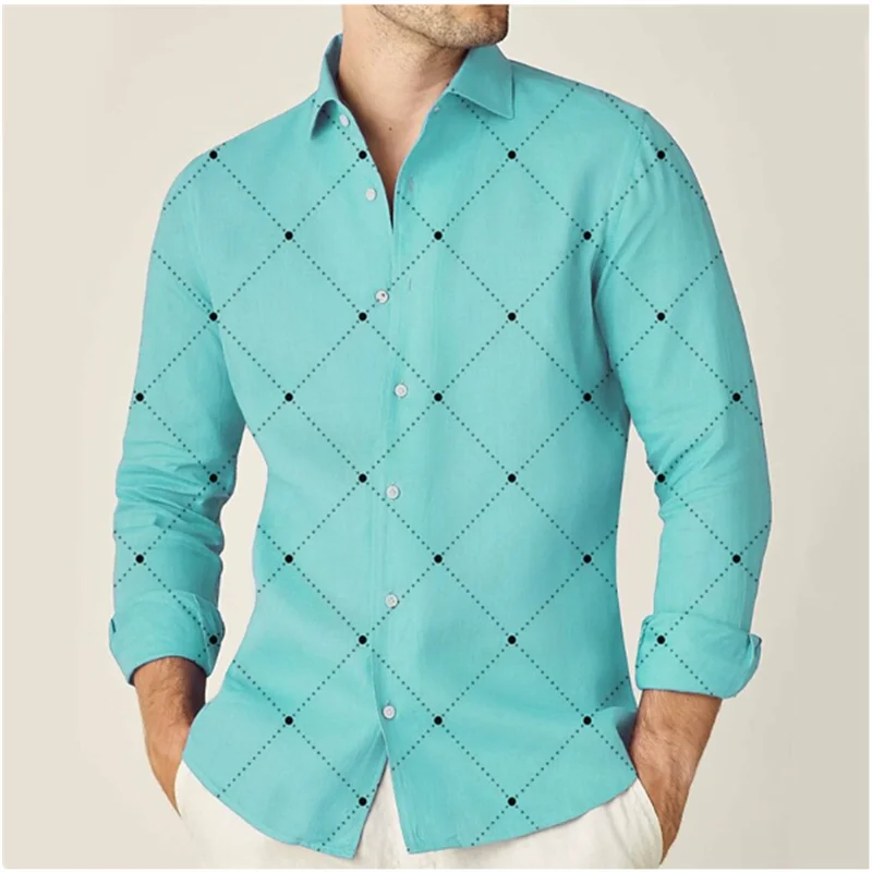 Modne koszule męskie Jednokolorowa koszula Geometryczny nadruk Niebieski Outdoor Street Nowa odzież uliczna z długim rękawem Projektant Casual Top Shirt