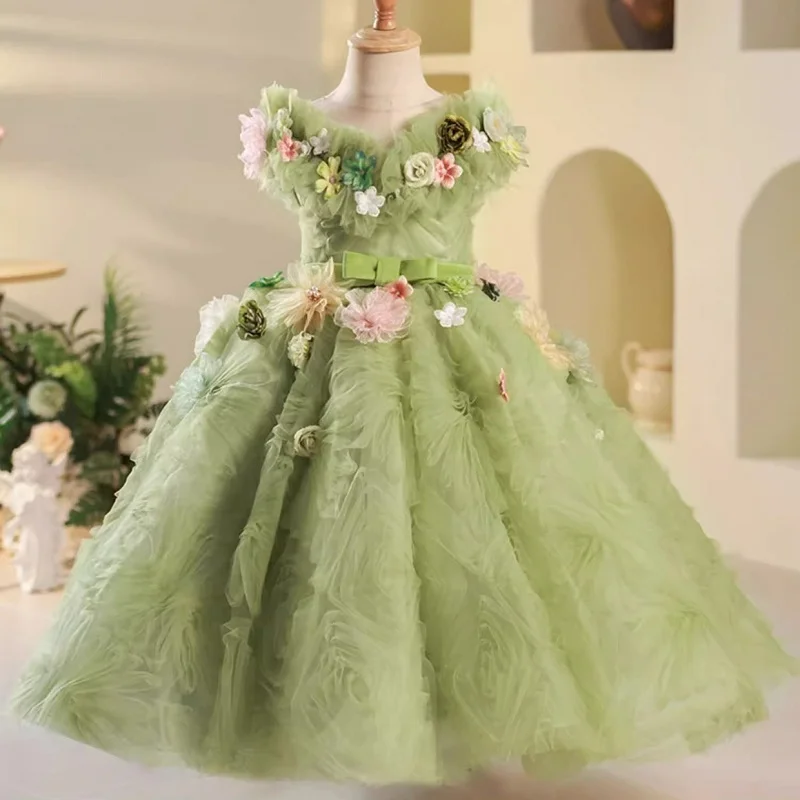 Girls Embroidered Flower Princess Dress 2024 Fashion Luxury Elf Fairy Green Long Dress Carnival Birthday Evening Dress