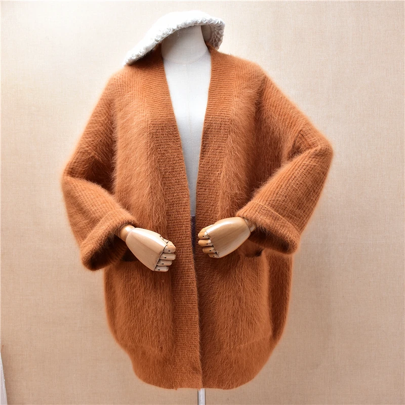 Women Mujer Autumn Winter Clothing Hairy Mink Cashmere Knitted Long Sleeves Loose Cardigans Mantle Angora Fur Sweater Jacket Top