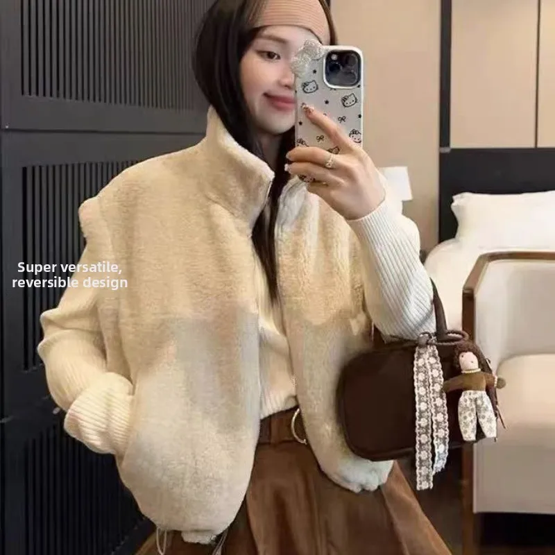 Women's Double-Sided Wearable Lamb Fur Vest Jacket Autumn Winter Korean Retro Style Loose Hooded Warm Cotton Top